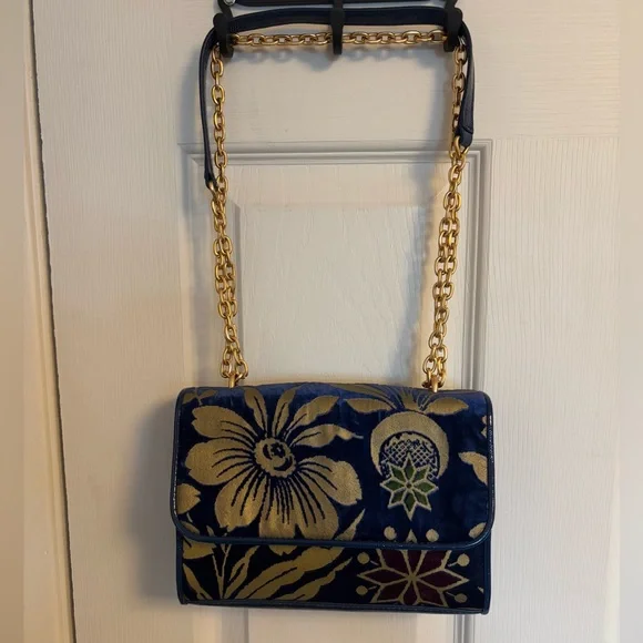 Tory Burch Blue Fleming Velvet Cosmic Floral Small Convertible Shoulder Bag